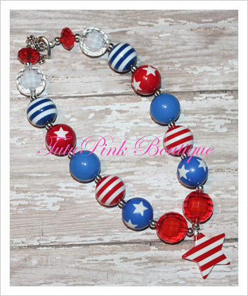 Chunky Necklace Red, White, Blue Stripe Star Petite Series