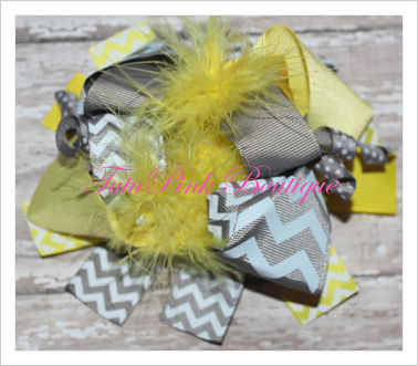 Hair Bow Boutique Layered Feather Yellow & Grey Chevron Ray of Sunshine