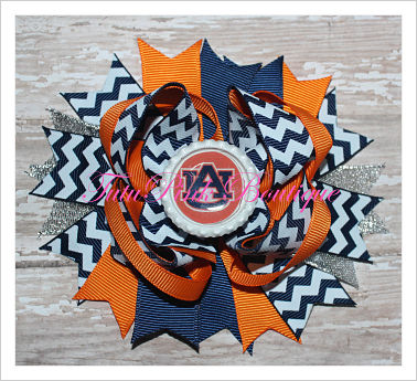 Hair Bow Boutique Stacked Auburn Navy Blue & Orange Football