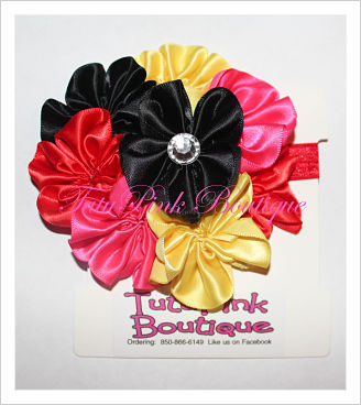 Headband Satin Flower Cluster Black, Red, Hot Pink, Gold