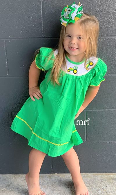 Smocked Green Tractor Dress