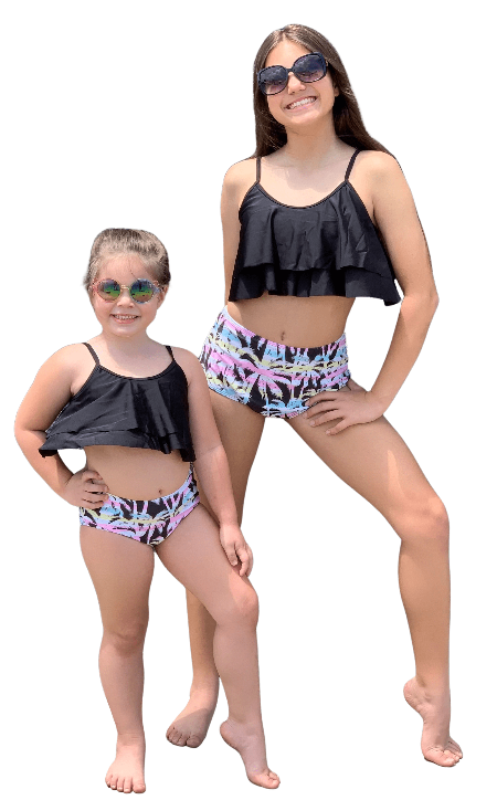 Dayu Girls Boyshort Tankini Swimwear 2 Piece Swimsuit, Black Palm Trees,  6-6x